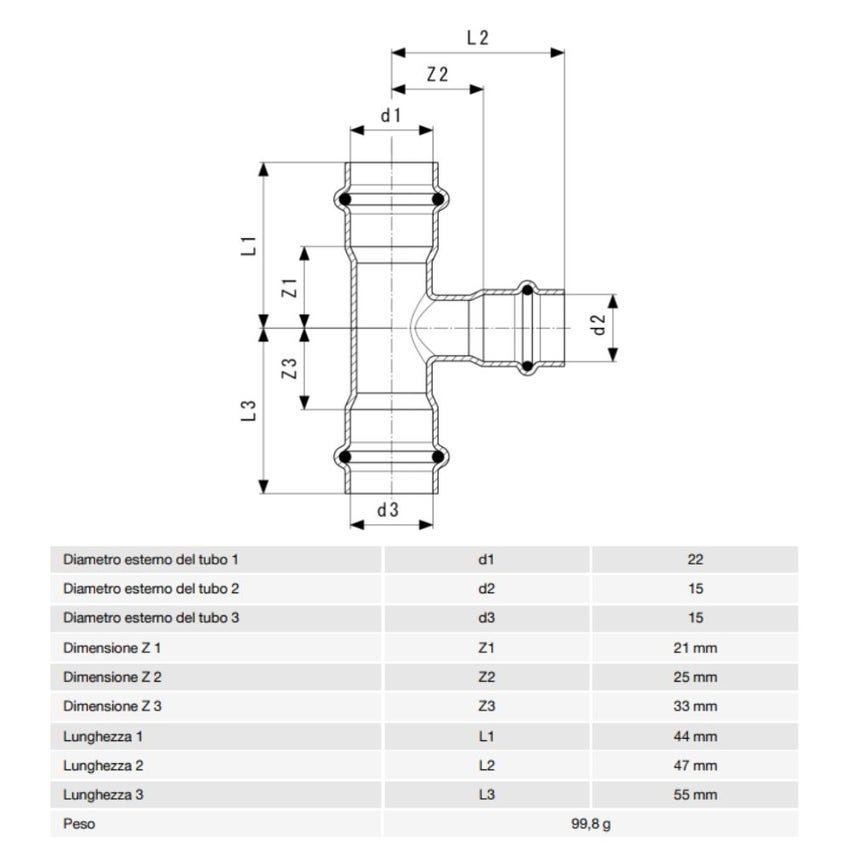 Immagine di Viega TEMPONOX raccordo a T Ø 22 x 15 acciaio inox lucido inossidabile (riscaldamento e raffrescamento) 810320