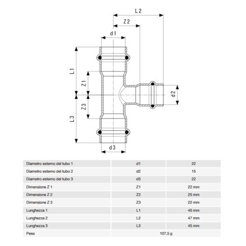 Immagine di Viega TEMPONOX raccordo a T Ø 22 x 15 acciaio inox lucido inossidabile (riscaldamento e raffrescamento) 810337