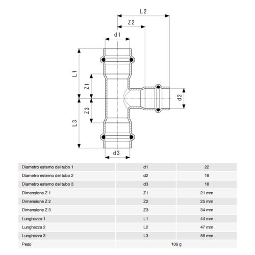 Immagine di Viega TEMPONOX raccordo a T Ø 22 x 18 acciaio inox lucido inossidabile (riscaldamento e raffrescamento) 810344