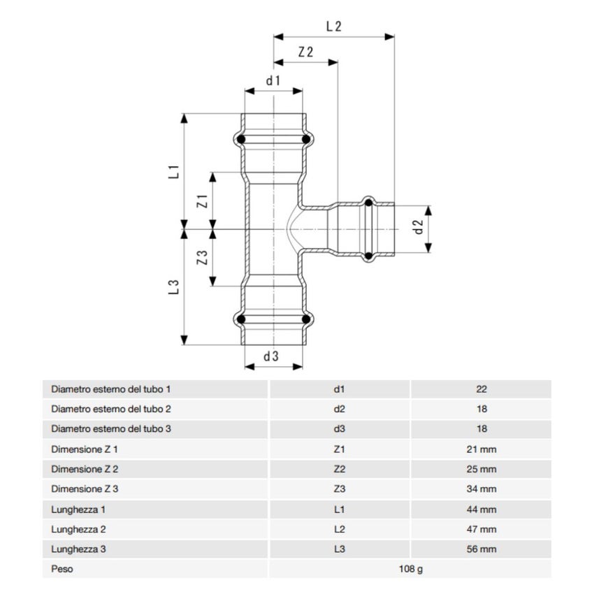 Immagine di Viega TEMPONOX raccordo a T Ø 22 x 18 acciaio inox lucido inossidabile (riscaldamento e raffrescamento) 810344