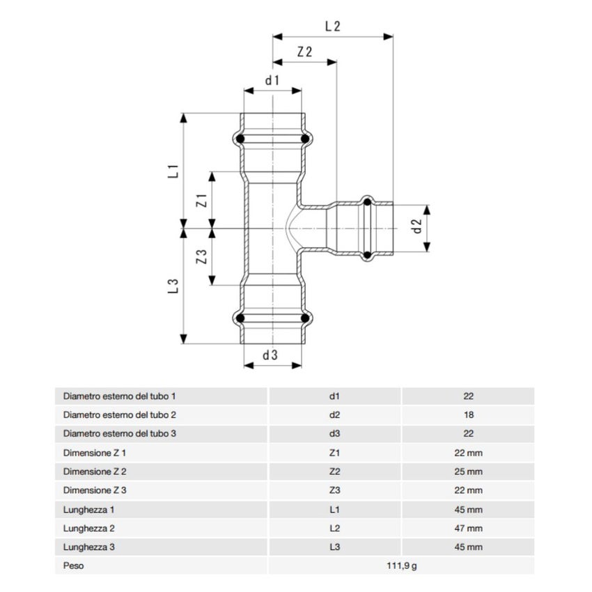 Immagine di Viega TEMPONOX raccordo a T Ø 22 x 18 acciaio inox lucido inossidabile (riscaldamento e raffrescamento) 810351