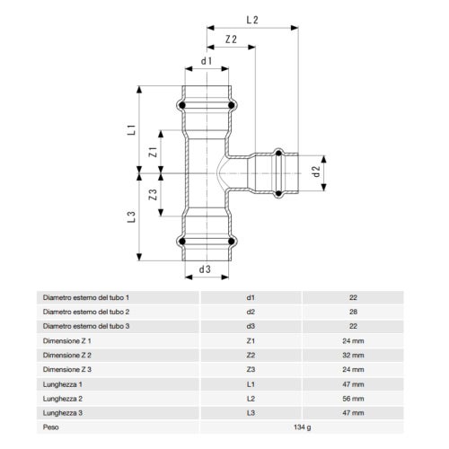 Immagine di Viega TEMPONOX raccordo a T Ø 22 x 28 acciaio inox lucido inossidabile (riscaldamento e raffrescamento) 810375