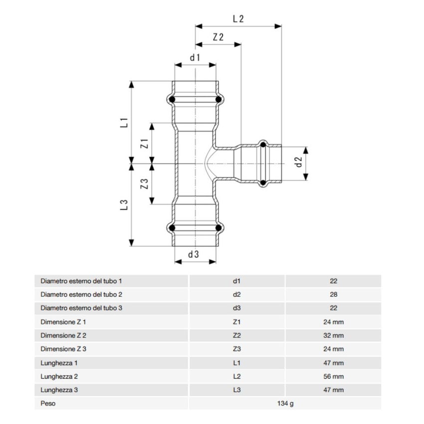 Immagine di Viega TEMPONOX raccordo a T Ø 22 x 28 acciaio inox lucido inossidabile (riscaldamento e raffrescamento) 810375
