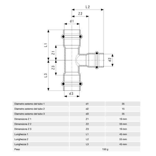 Immagine di Viega TEMPONOX raccordo a T Ø 35 x 15 acciaio inox lucido inossidabile (riscaldamento e raffrescamento) 810429