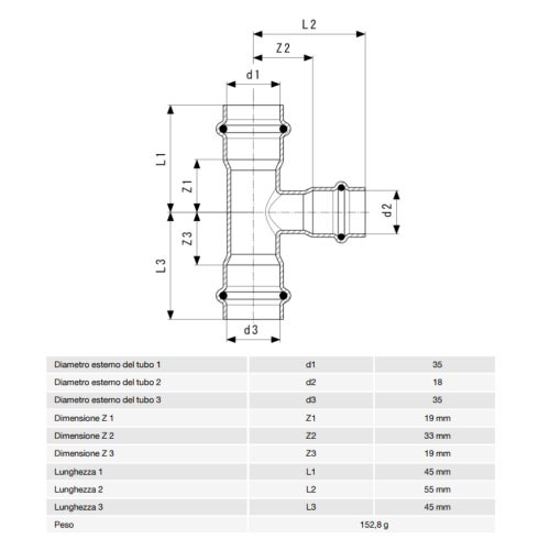 Immagine di Viega TEMPONOX raccordo a T Ø 35 x 18 acciaio inox lucido inossidabile (riscaldamento e raffrescamento) 810436