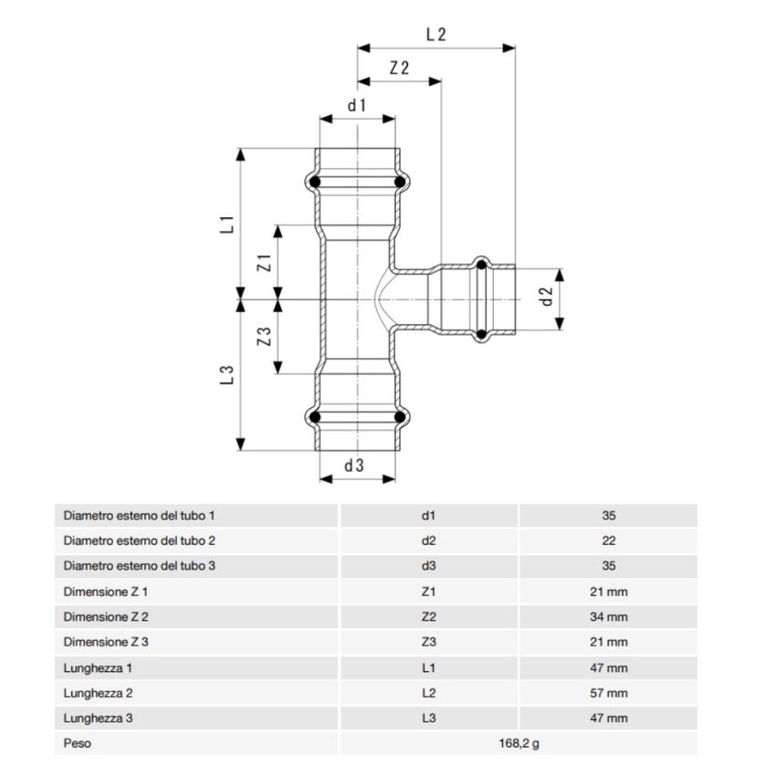 Immagine di Viega TEMPONOX raccordo a T Ø 35 x 22 acciaio inox lucido inossidabile (riscaldamento e raffrescamento) 810443