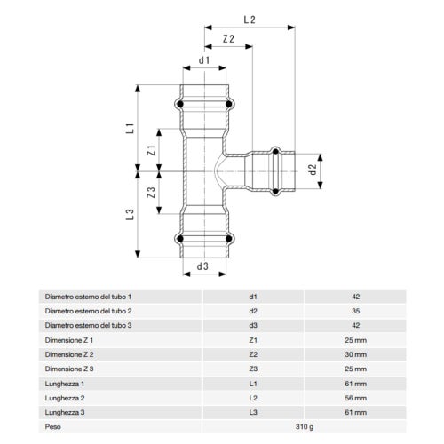 Immagine di Viega TEMPONOX raccordo a T Ø 42 x 35 acciaio inox lucido inossidabile (riscaldamento e raffrescamento) 810504