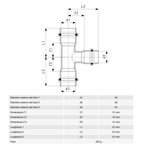 Immagine di Viega TEMPONOX raccordo a T Ø 54 x 28 acciaio inox lucido inossidabile (riscaldamento e raffrescamento) 810542