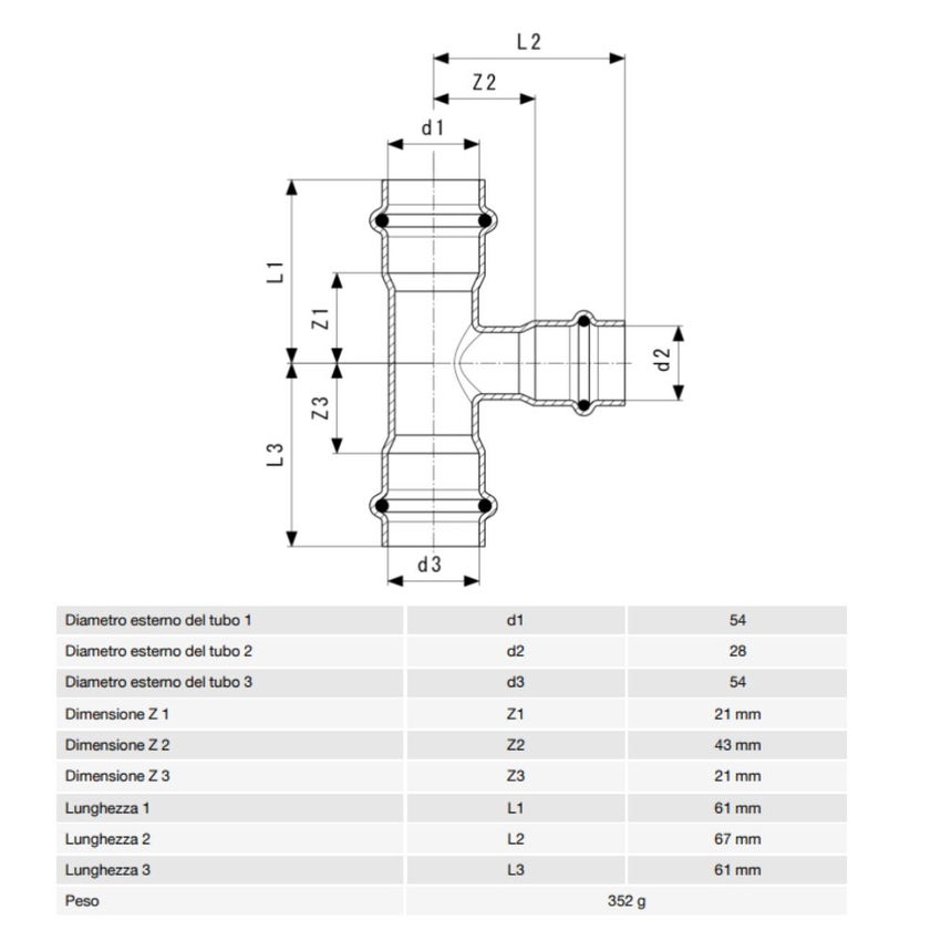Immagine di Viega TEMPONOX raccordo a T Ø 54 x 28 acciaio inox lucido inossidabile (riscaldamento e raffrescamento) 810542