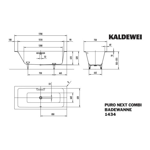 Immagine di Kaldewei PURO NEXT COMBI vasca rettangolare L.170 P.75 cm, in acciaio smaltato, colore bianco alpino 143400010001