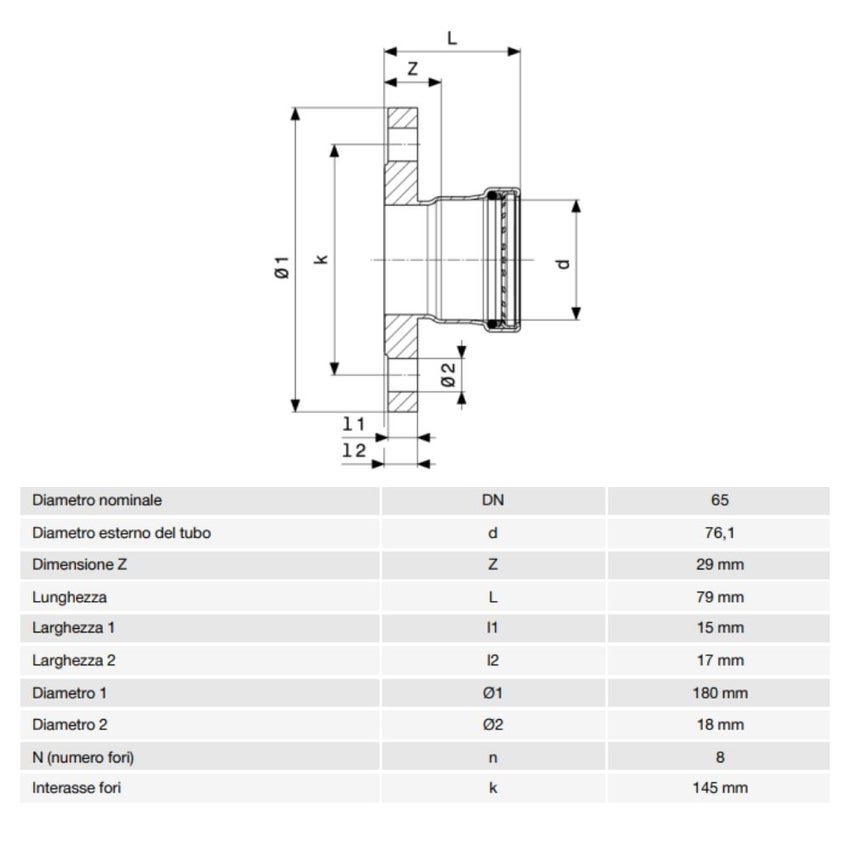 Immagine di Viega TEMPONOX XL flangia Ø 76 acciaio inox lucido con sc-contur (riscaldamento e raffrescamento) 811174