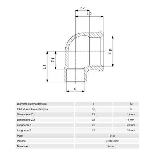 Immagine di Viega RACCORDI A SALDARE gomito a 90° di Ø 12 x 3/8", con filetto femmina, di bronzo lucido 117887