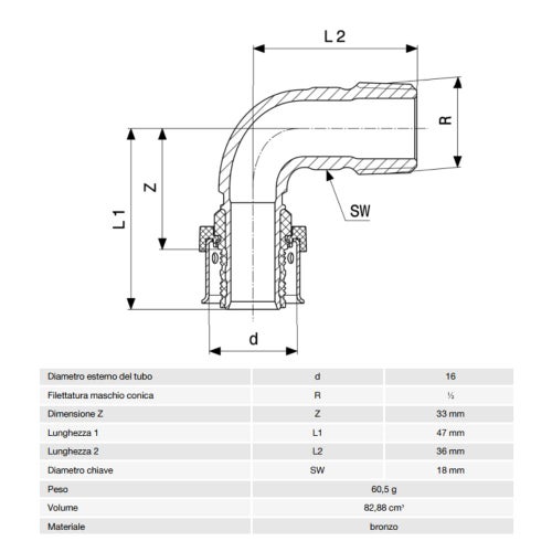 Immagine di Viega SMARTPRESS curva a 90° Ø 16 x 1/2" bronzo  con sc-contur 729707