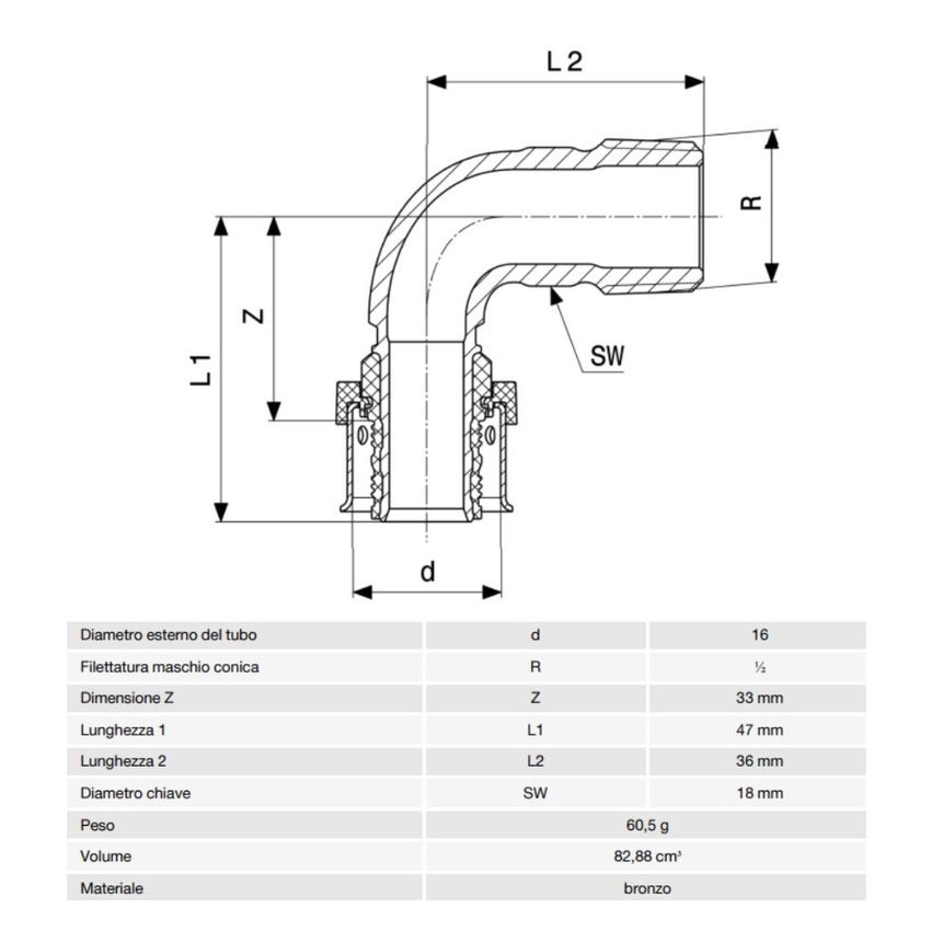 Immagine di Viega SMARTPRESS curva a 90° Ø 16 x 1/2" bronzo  con sc-contur 729707