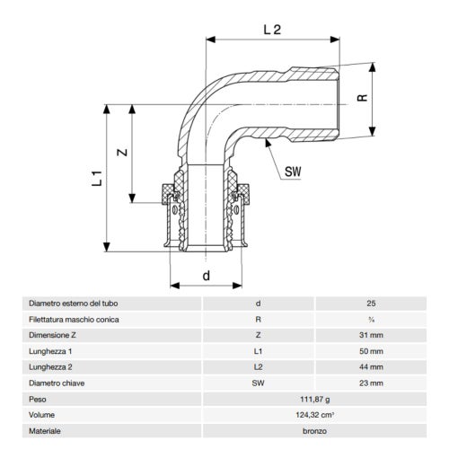Immagine di Viega SMARTPRESS curva a 90° Ø 25 x 3/4" bronzo  con sc-contur 729738