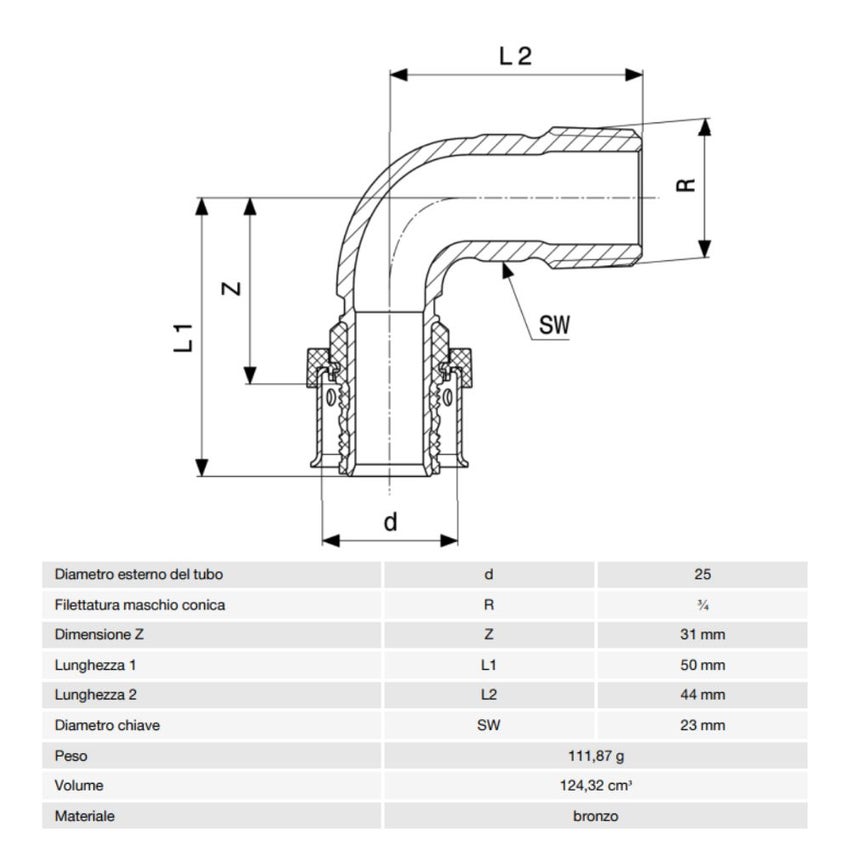 Immagine di Viega SMARTPRESS curva a 90° Ø 25 x 3/4" bronzo  con sc-contur 729738