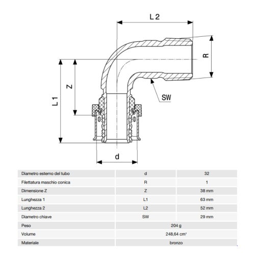 Immagine di Viega SMARTPRESS curva a 90° Ø 32 x 1" bronzo  con sc-contur 729745