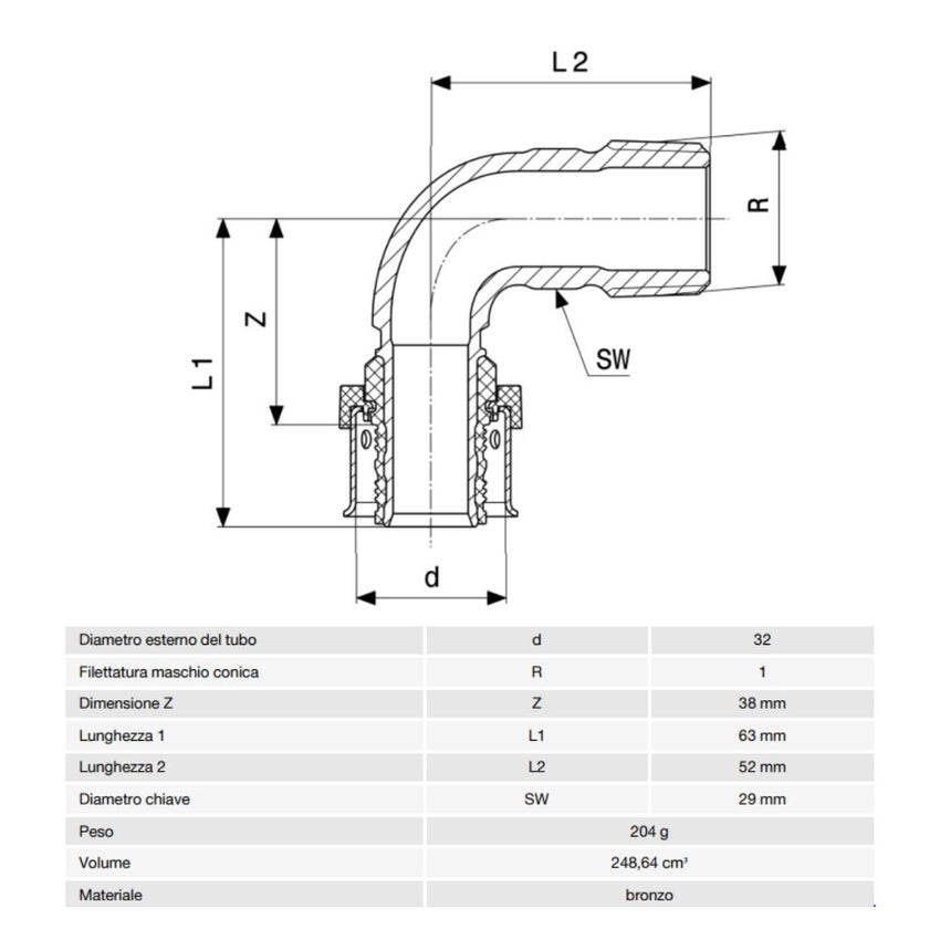 Immagine di Viega SMARTPRESS curva a 90° Ø 32 x 1" bronzo  con sc-contur 729745