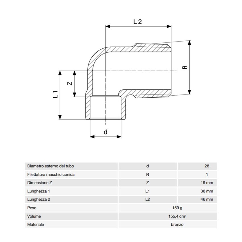 Immagine di Viega RACCORDI A SALDARE gomito a 90° di Ø 28 x 1", con filetto maschio, di bronzo lucido 149970