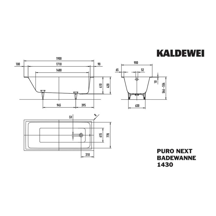 Immagine di Kaldewei PURO NEXT vasca rettangolare L.190 P.90 cm, in acciaio smaltato, colore bianco alpino 143000010001