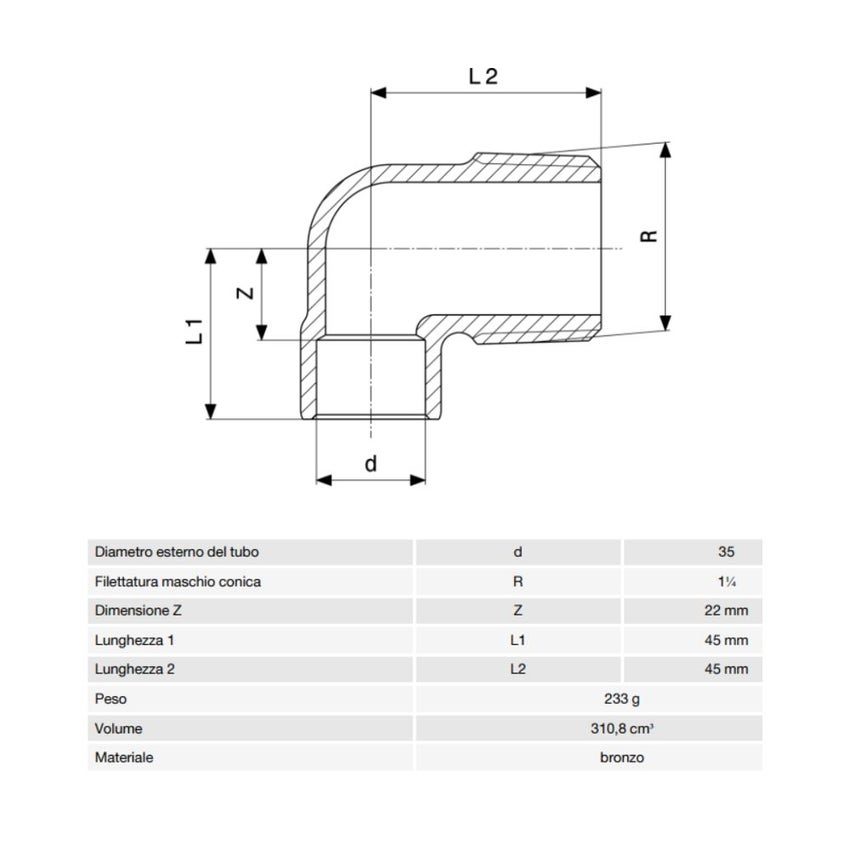 Immagine di Viega RACCORDI A SALDARE gomito a 90° di Ø 35 x 1 1/4", con filetto maschio, di bronzo lucido 138691