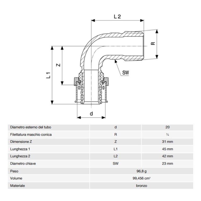 Immagine di Viega SMARTPRESS curva a 90° Ø 20 x 3/4" bronzo  con sc-contur 729721