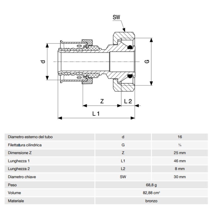 Immagine di Viega SMARTPRESS bocchettone Ø 16 x 3/4" bronzo lucido con sc-contur 730598