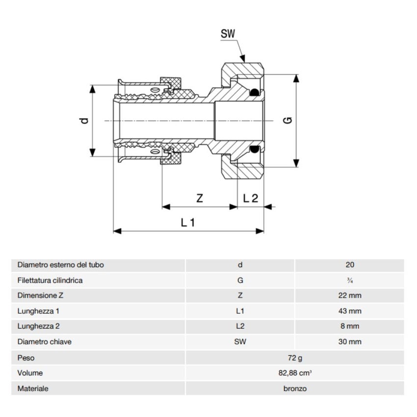 Immagine di Viega SMARTPRESS bocchettone Ø 20 x 3/4" bronzo lucido con sc-contur 730604