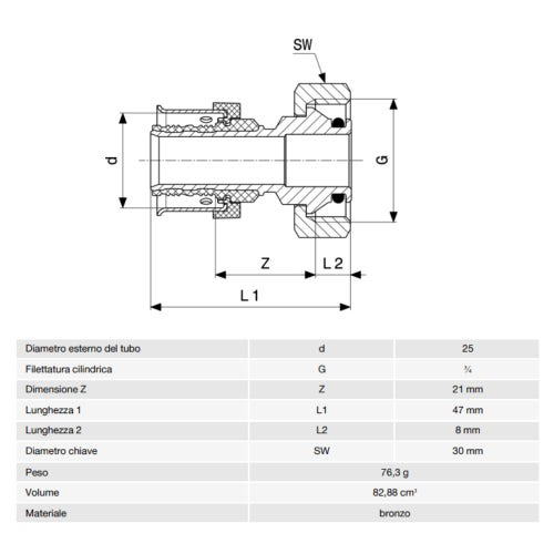 Immagine di Viega SMARTPRESS bocchettone Ø 25 x 3/4" bronzo lucido con sc-contur 730611