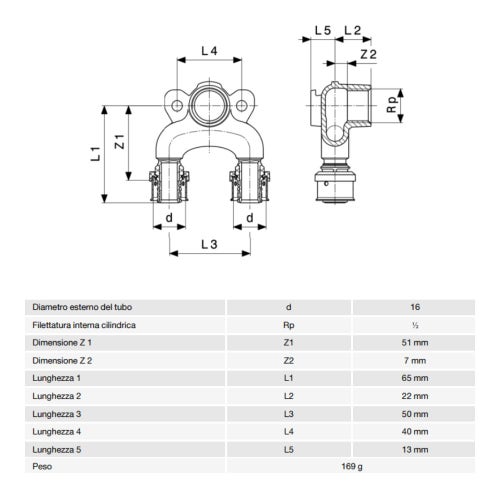 Immagine di Viega SMARTPRESS gomito doppio con flangia Ø 16 x 1/2" bronzo con sc-contur 730413