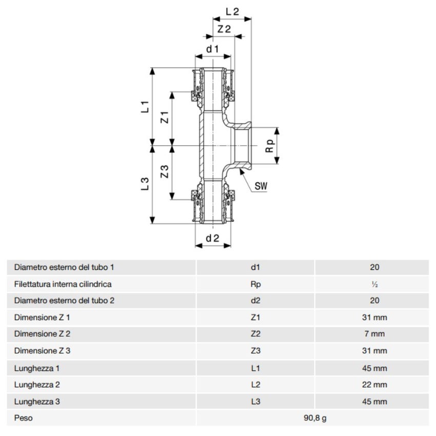 Immagine di Viega SMARTPRESS raccordo a T Ø 20 x 1/2" bronzo con sc-contur 729899