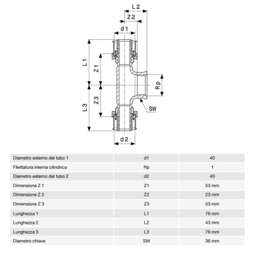 Immagine di Viega SMARTPRESS raccordo a T Ø 40 x 1" bronzo con sc-contur 733308