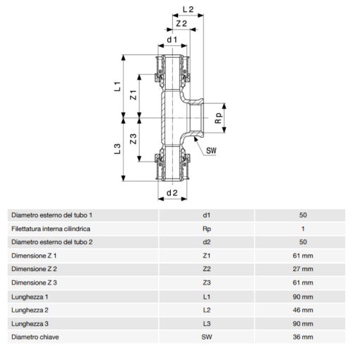 Immagine di Viega SMARTPRESS raccordo a T Ø 63 x 1" bronzo con sc-contur 733322
