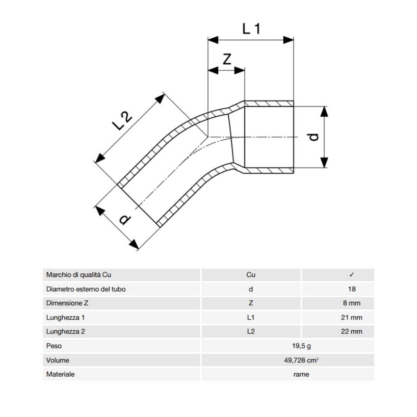 Immagine di Viega RACCORDI A SALDARE curva a 45° di Ø 18, con filetto maschio, di rame lucido 100773