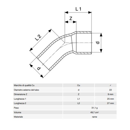 Immagine di Viega RACCORDI A SALDARE curva a 45° di Ø 22, con filetto maschio, di rame lucido 100605