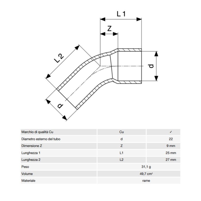 Immagine di Viega RACCORDI A SALDARE curva a 45° di Ø 22, con filetto maschio, di rame lucido 100605