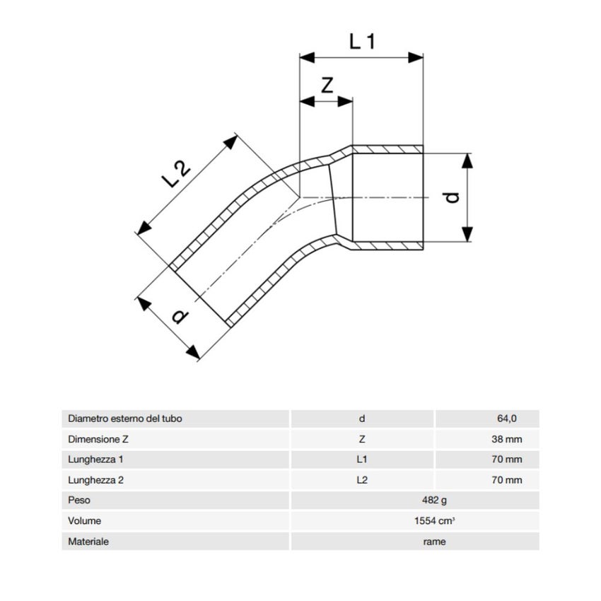 Immagine di Viega RACCORDI A SALDARE curva a 45° di Ø 64, con filetto maschio, di rame lucido 594244