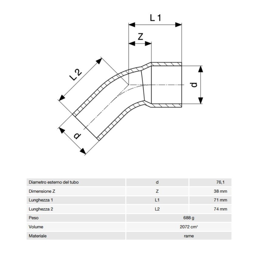 Immagine di Viega RACCORDI A SALDARE curva a 45° di Ø 76, con filetto maschio, di rame lucido 633837