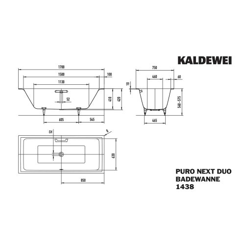 Immagine di Kaldewei PURO NEXT DUO vasca rettangolare L.170 P.75 cm, in acciaio smaltato, colore bianco alpino 143800010001