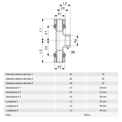 Immagine di Viega SMARTPRESS raccordo a T Ø 16 x 20 acciaio inox lucido con sc-contur 729936