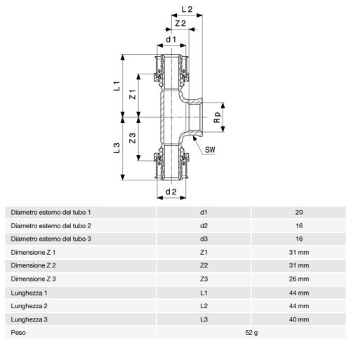 Immagine di Viega SMARTPRESS raccordo a T Ø 20 x 16 acciaio inox lucido con sc-contur 729967