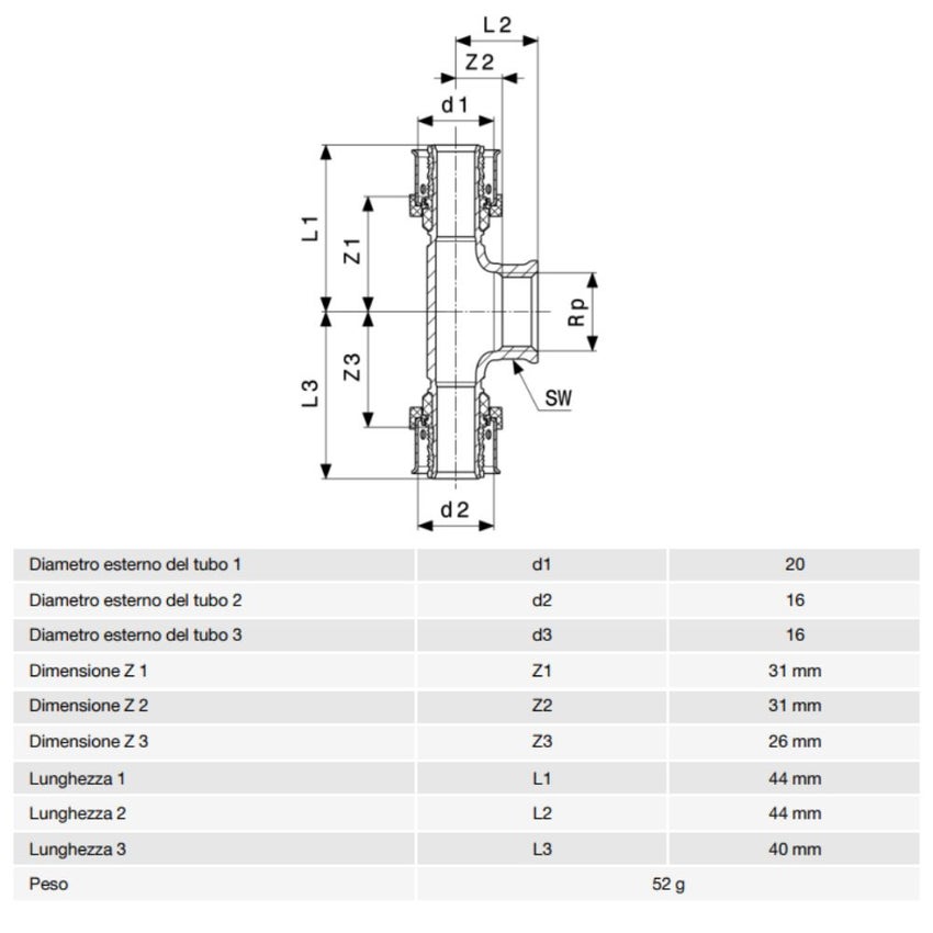 Immagine di Viega SMARTPRESS raccordo a T Ø 20 x 16 acciaio inox lucido con sc-contur 729967