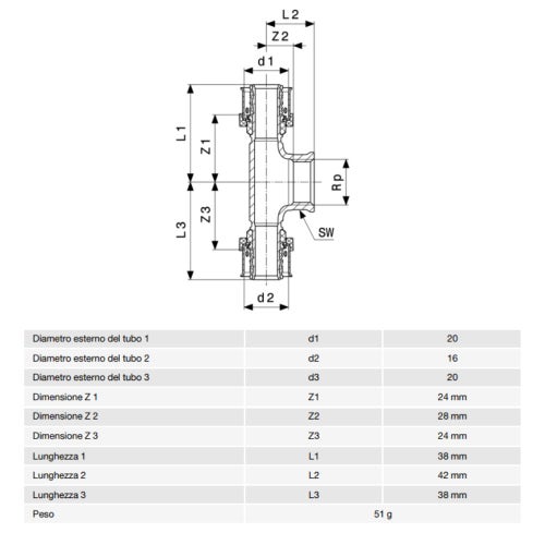 Immagine di Viega SMARTPRESS raccordo a T Ø 20 x 16 acciaio inox lucido con sc-contur 729950