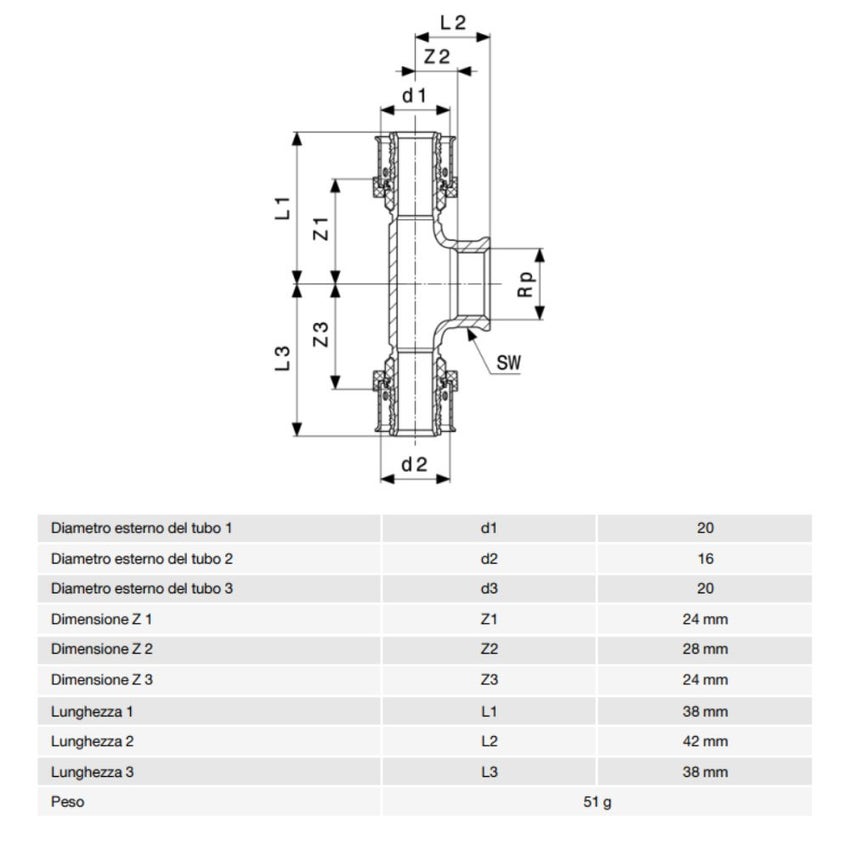 Immagine di Viega SMARTPRESS raccordo a T Ø 20 x 16 acciaio inox lucido con sc-contur 729950