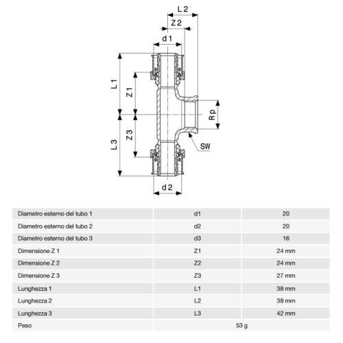Immagine di Viega SMARTPRESS raccordo a T Ø 20 x 16 acciaio inox lucido con sc-contur 729974