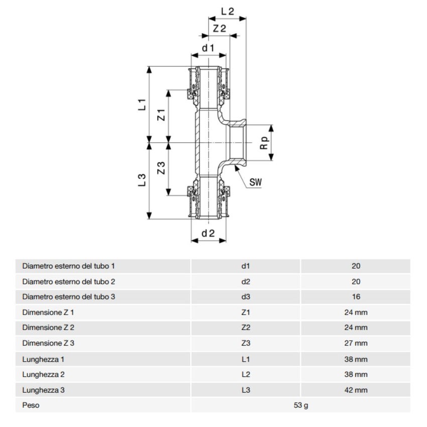 Immagine di Viega SMARTPRESS raccordo a T Ø 20 x 16 acciaio inox lucido con sc-contur 729974