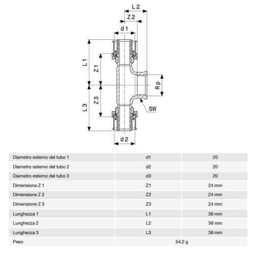 Immagine di Viega SMARTPRESS raccordo a T Ø 20 acciaio inox lucido con sc-contur 729943