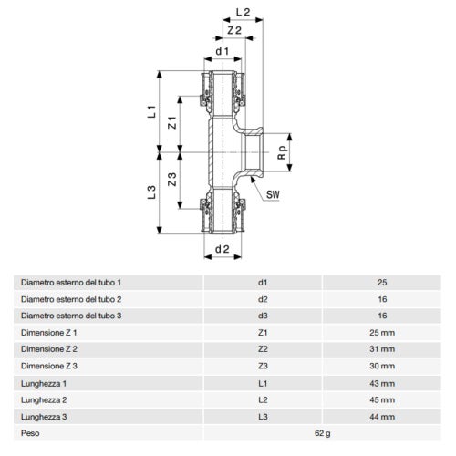 Immagine di Viega SMARTPRESS raccordo a T Ø 16 acciaio inox lucido con sc-contur 730048