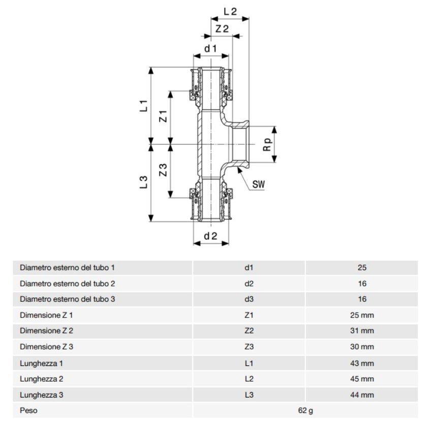 Immagine di Viega SMARTPRESS raccordo a T Ø 16 acciaio inox lucido con sc-contur 730048