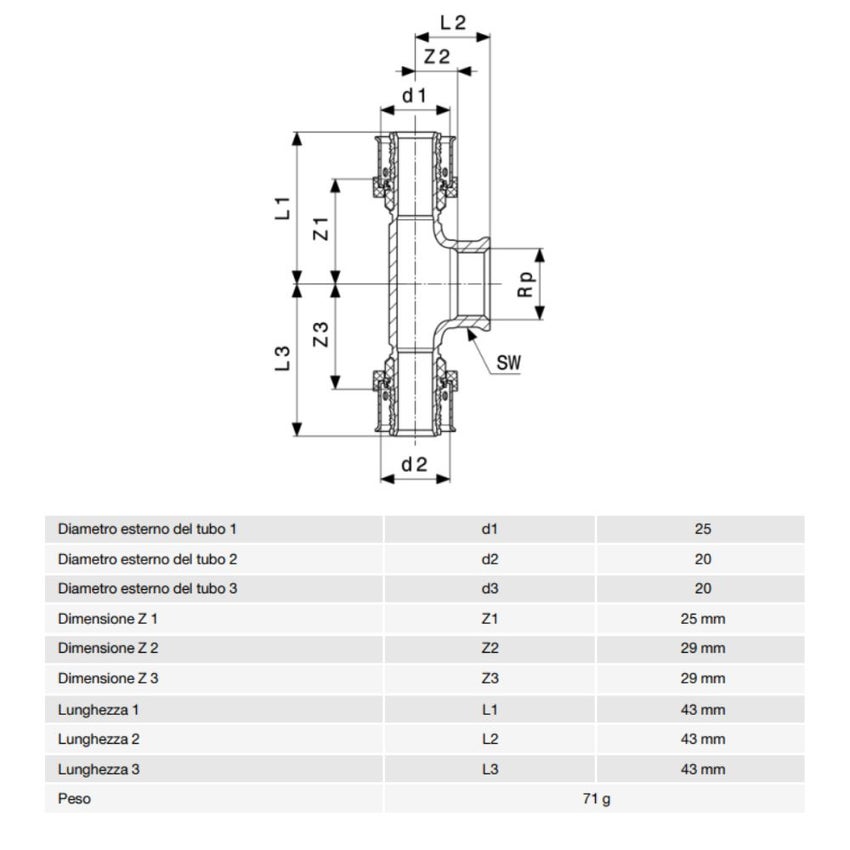 Immagine di Viega SMARTPRESS raccordo a T Ø 25 x 20 acciaio inox lucido con sc-contur 730017